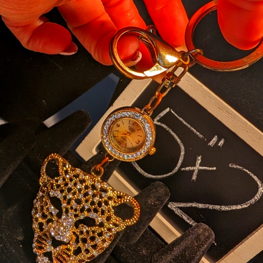 Ficarro Couture CZ encrusted goldtone Cheetah‎ purse/keychain watch